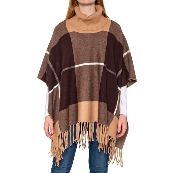 NWT House of Harlow 1960 Women's Mock Neck Plaid Fringed Poncho